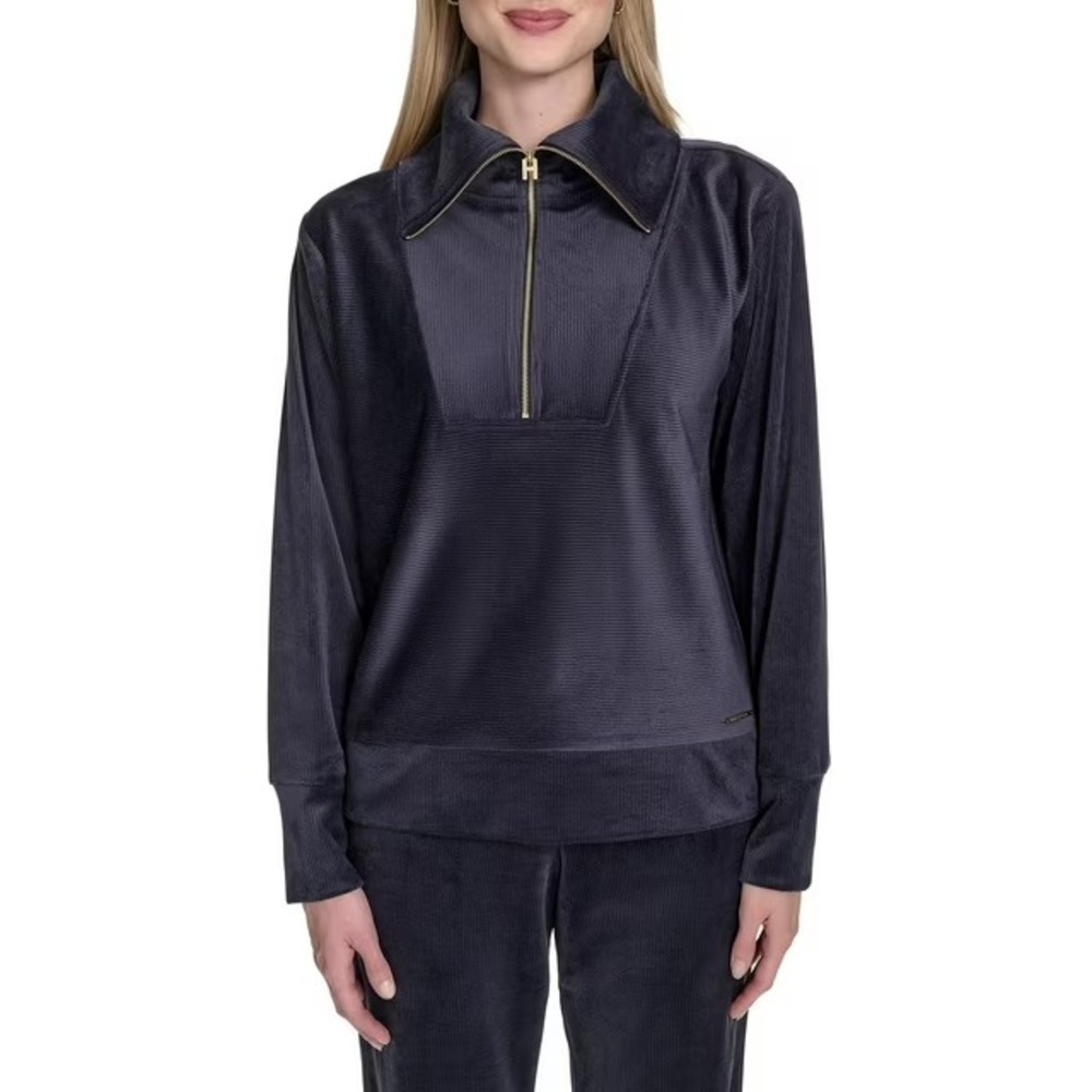 Halston Women's Velour Quarter-Zip Pullover Size XS Navy NWT